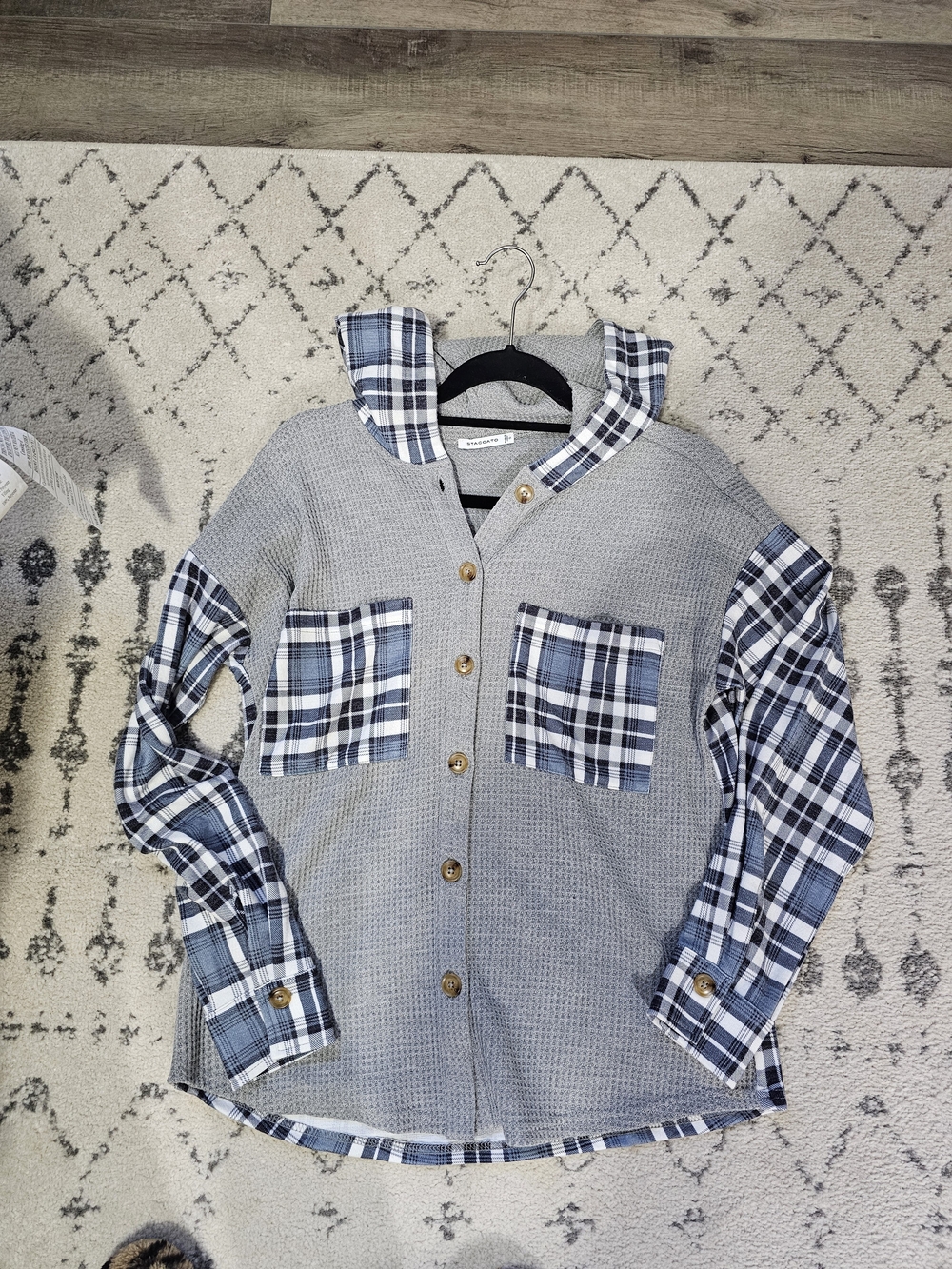 Womens Grey Waffle Knit Button-Front Shirt with Blue Plaid Accents By Staccato